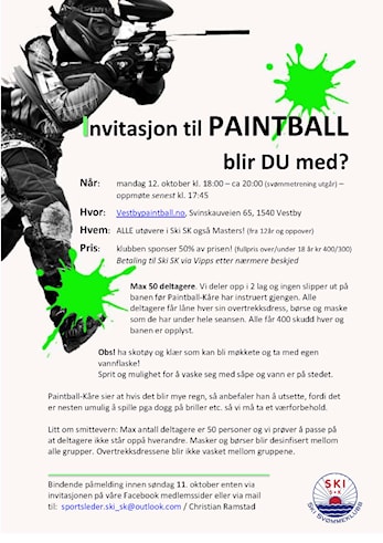 PAINTBALL mandag 12.okt. 2020 kl 18:00 - 20:00